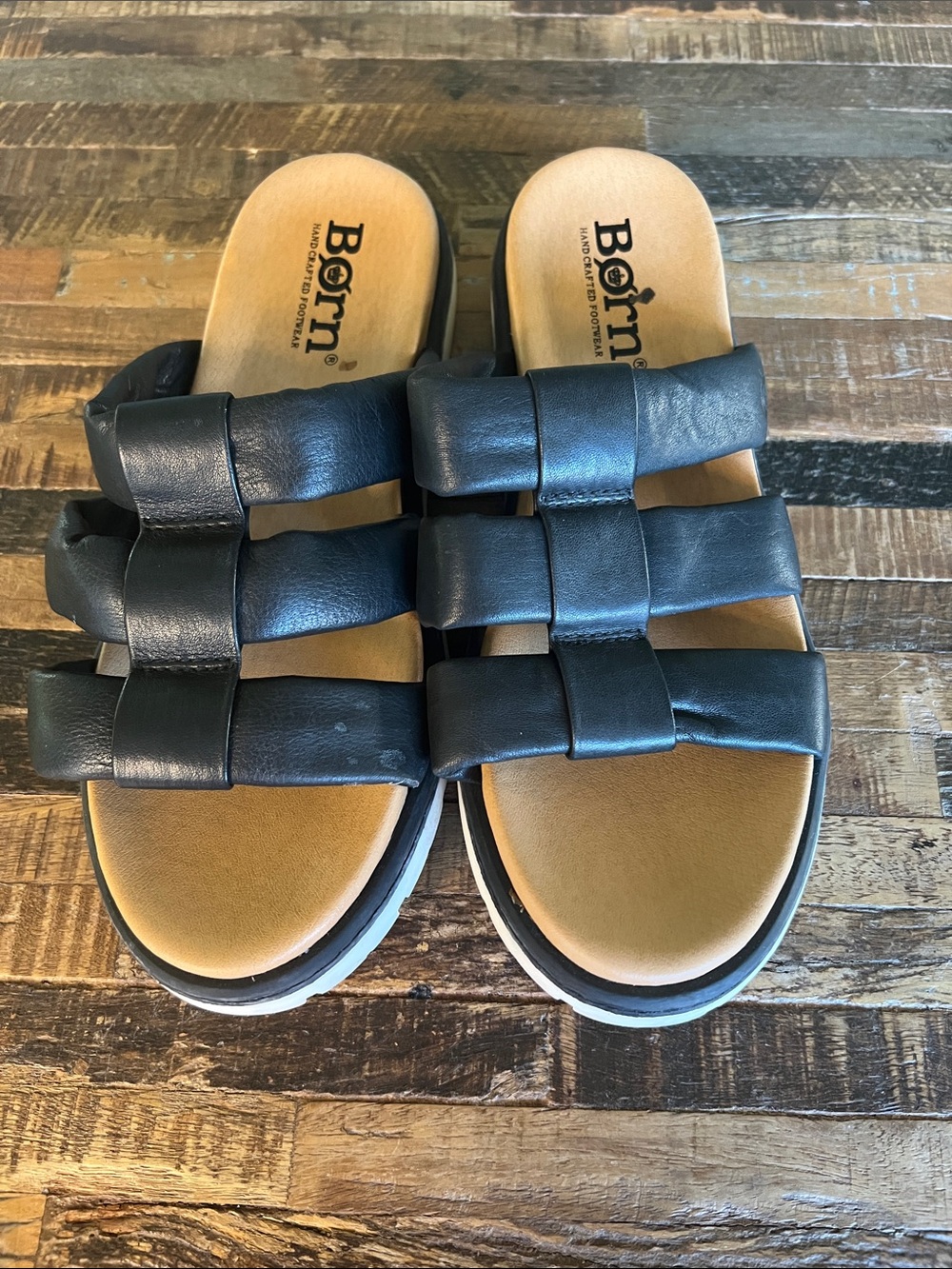 Born Daisy Black Woven Leather Slide Sandals with Tan Footbed